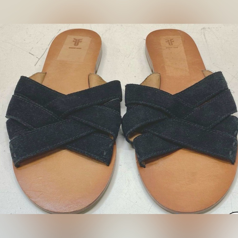* Frye Carla Black Nubuck Leather Flat Criss Cross Slide Sandals SZ 10 *